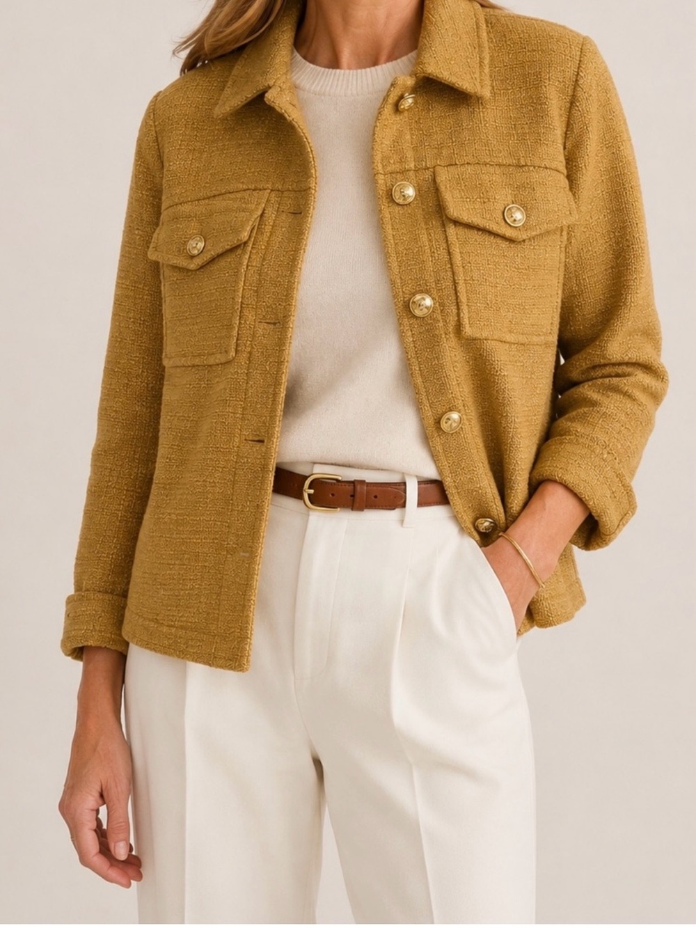 J. Jill Mustard Textured Bouclé Shirt Jacket Honey Medium Petite gold buttons - Picture 10 of 10